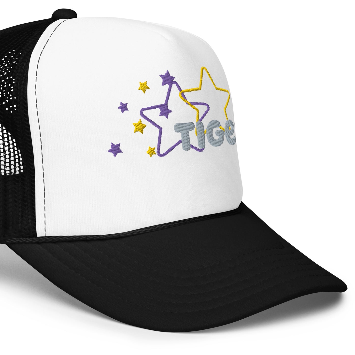 Purple and Gold Stars Tiger Trucker hat