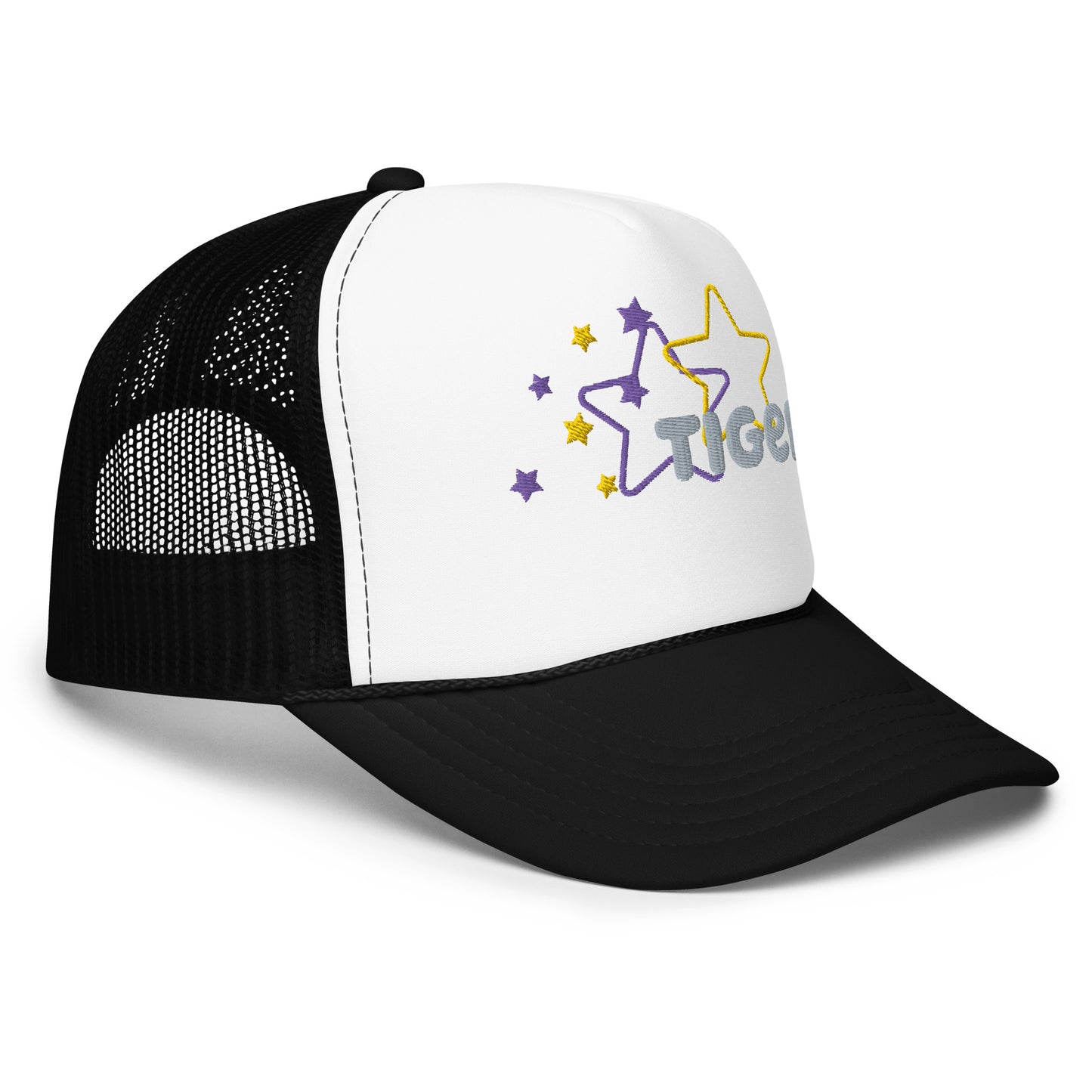 Purple and Gold Stars Tiger Trucker hat