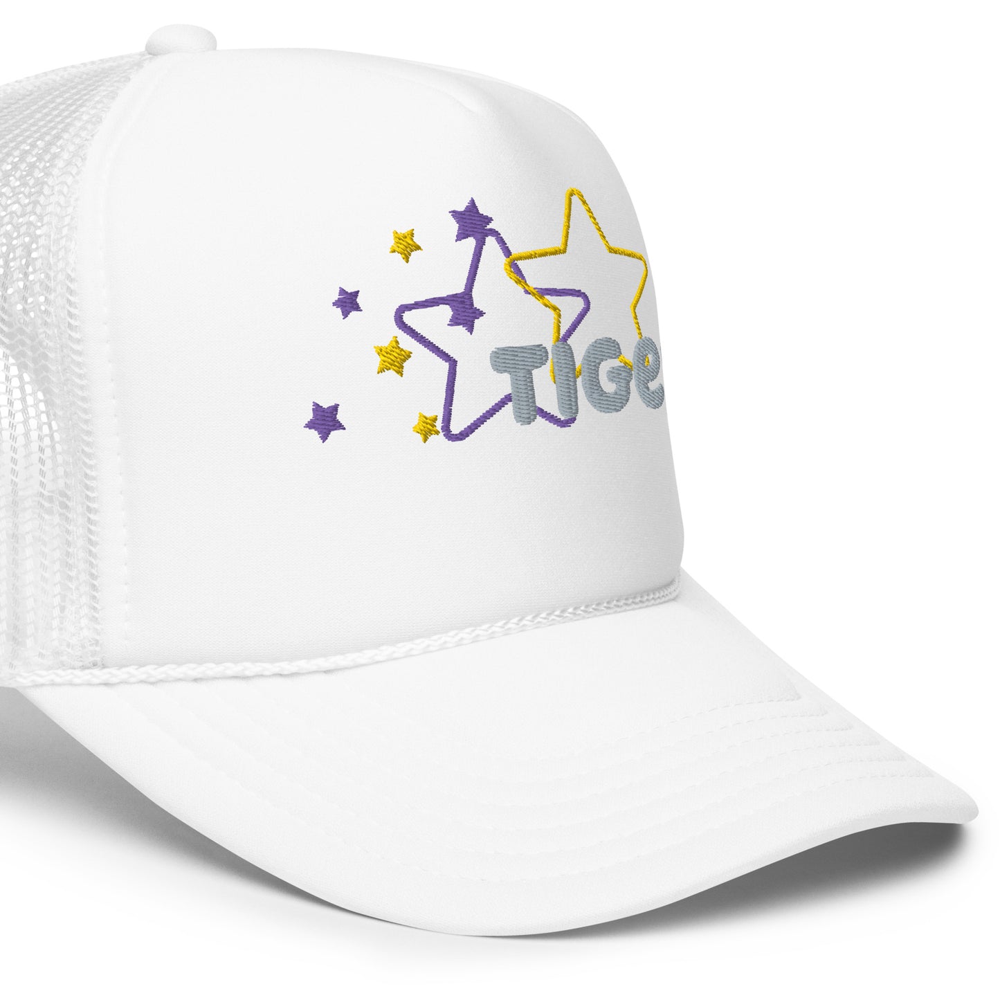 Purple and Gold Stars Tiger Trucker hat