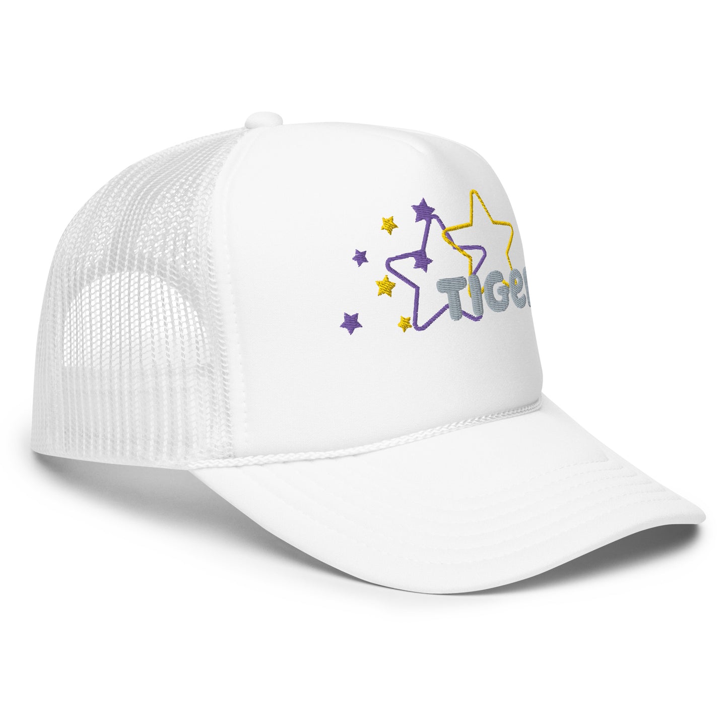 Purple and Gold Stars Tiger Trucker hat