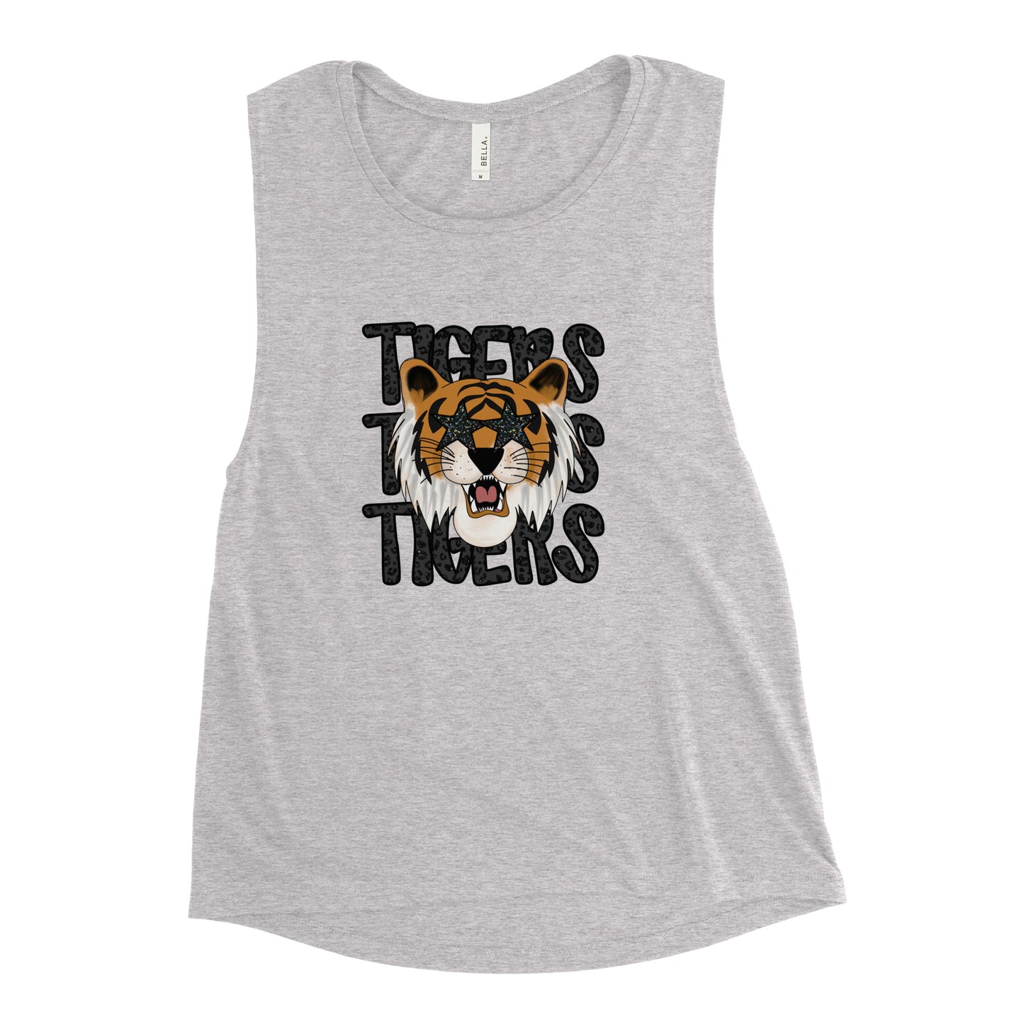 Tiger Face Faux Glitter Ladies’ Muscle Tank