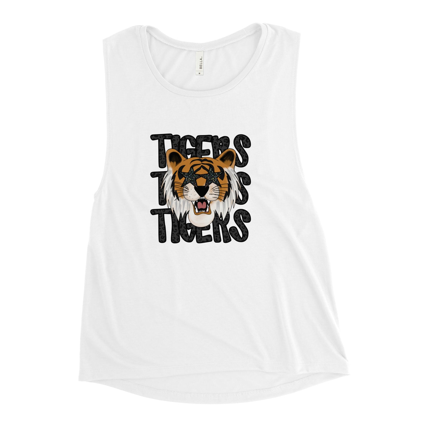 Tiger Face Faux Glitter Ladies’ Muscle Tank