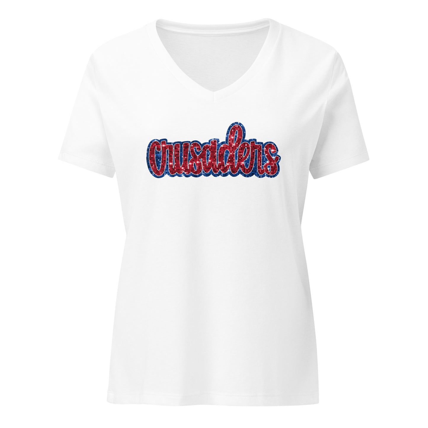 Crusaders White Faux Sequin Red Women’s relaxed v-neck t-shirt